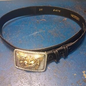 Vicenzi Black Leather Belt with Gold and Silver Buckle